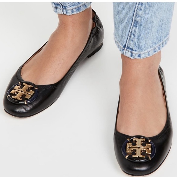 Tory Burch Enamel Logo leather ballet flats perfect black gold heal detail